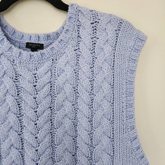 Talbots XLP Cable Knit V-Neck Sleeveless Sweater Vest Baby Blue Crew Neck Thick - Picture 2 of 6